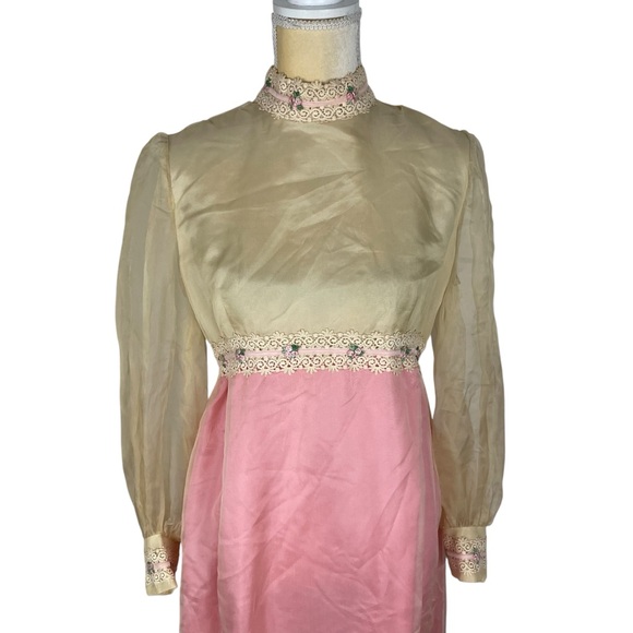 Vintage 60s 70s Empire Gown White Pink Organza Lace Ribbon Trim Formal Dress - Picture 2 of 16